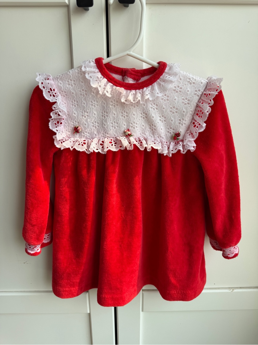 Vintage 80s Red Velour Christmas Dress Lace Bib Girls Holiday Dress Size 3/4T